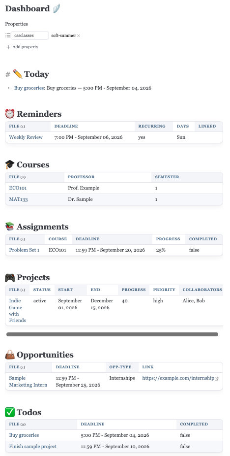 Screenshot of my Obsidian dashboard